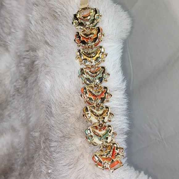 Vintage Bracelet Link Green Orange 7" Chunky Jewelry - Picture 5 of 7